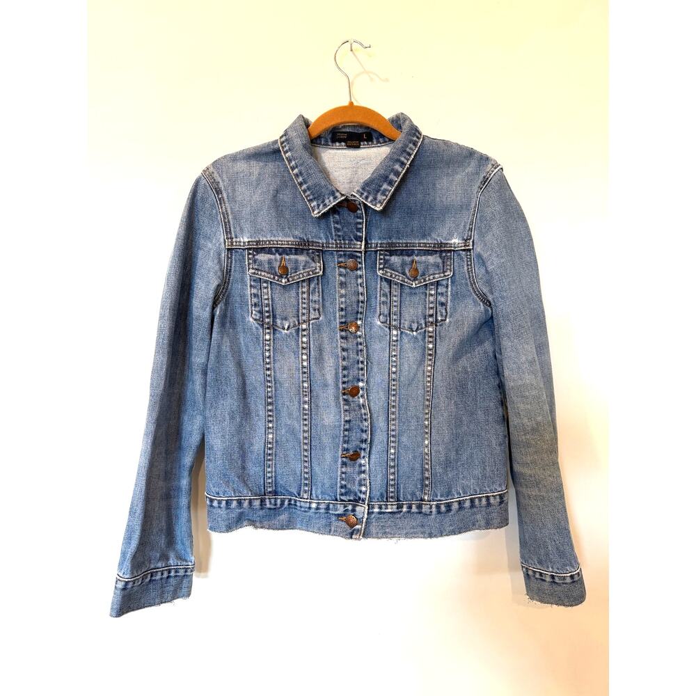 J Crew 100% cotton button front distressed denim jacket L capsule classic